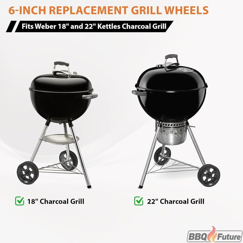 BBQ Future Replacement Wheels for Weber Kettle Grills, 6 Inch Grill Wheels for Weber Charcoal Grills, 65930 BBQ Caster Wheel Parts with Hub Caps, Silver - Image 3